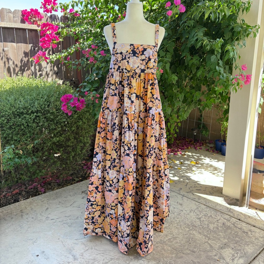 Free People Park Slope Floral Cotton Maxi Dress Scoop Back Navy Combo Size XS